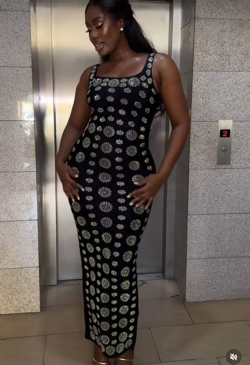 Summer High Qulity Sparkling Diamonds Sleeveless Package Hips Ankle Lenght Bandage Dress Elegant Woman Evening Dress