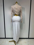 Women Long Sleeve Sexy Beading Tops Two Pieces Set Bodycon Long Bandage Dress Luxury Birthday Evening Party Wedding Guest Gowns