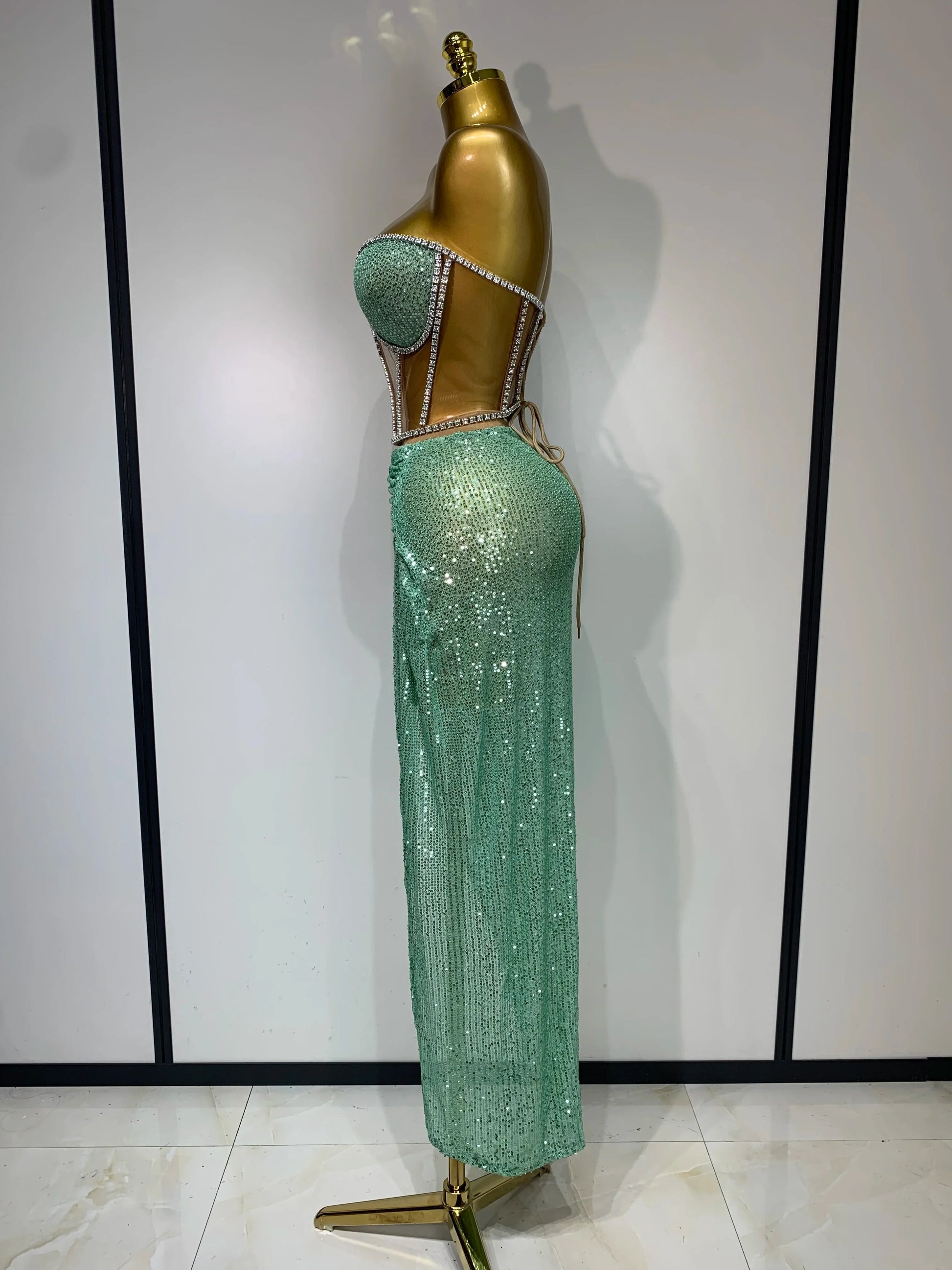 Women Sexy Nightclub Skirt Sets Strapless Diamonds Sequines Two Piece Sets Gogo Performance Outfit Evening Party Birthday Dress