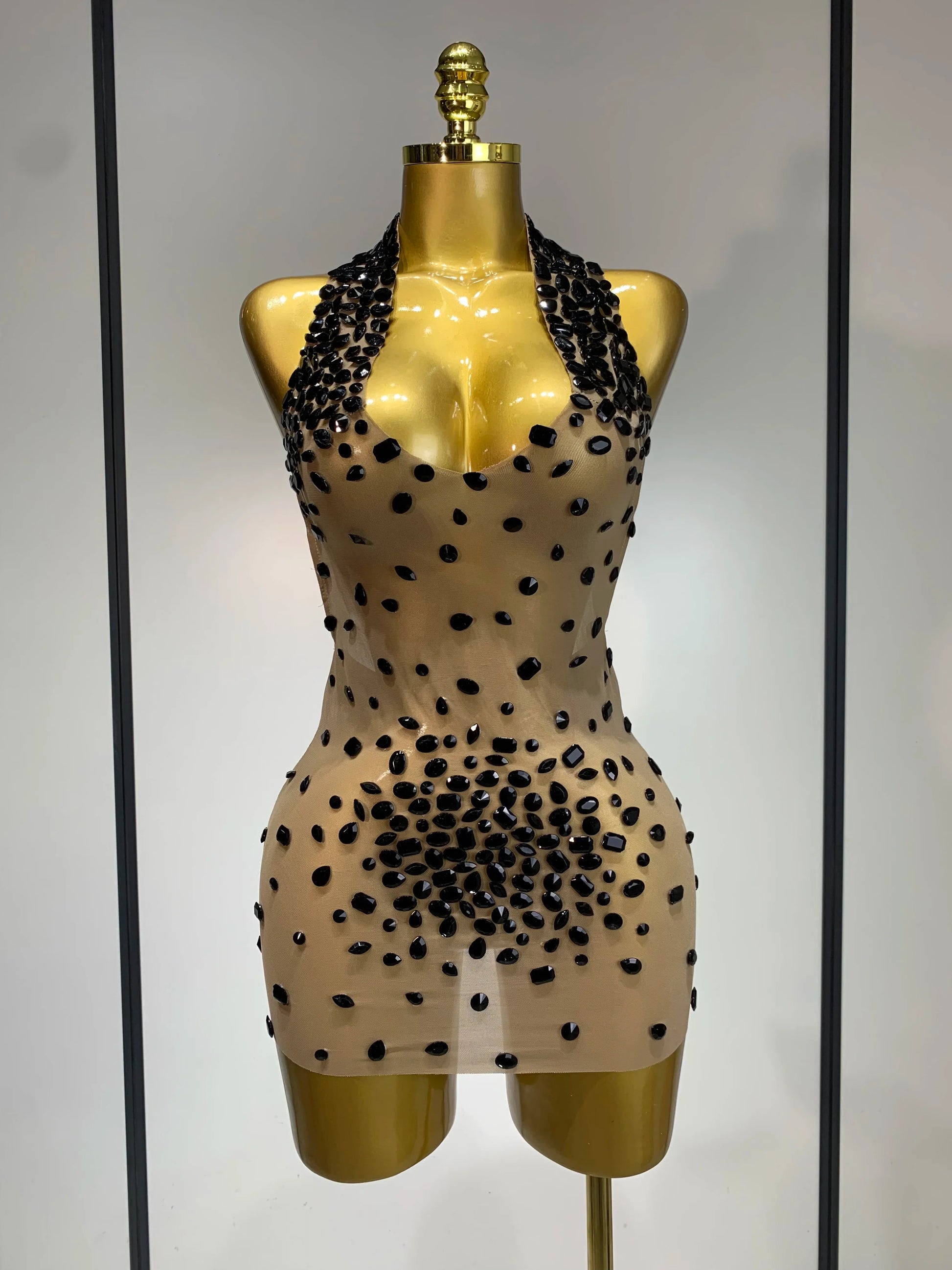 Luxury Rhinestones Backless Mini Dress Women Sexy Mesh Transparent Celebrate Evening Birthday Photo Shoot Perform Stage Outfit black