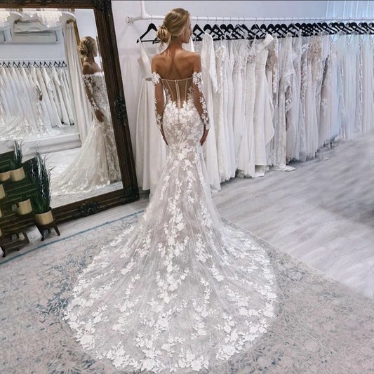 Vestido De novia De manga larga De sirena De encaje con hombros descubiertos, bordado con forma De corazón, Espalda descubierta, vestidos De novia para mujer, Vestido De novia