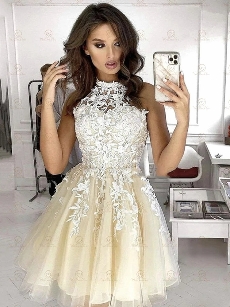Halter Short Prom Dresses Lace Applique Backless Formal Party Pink Blue Ball Gown Champagne Evening Gown Custom made