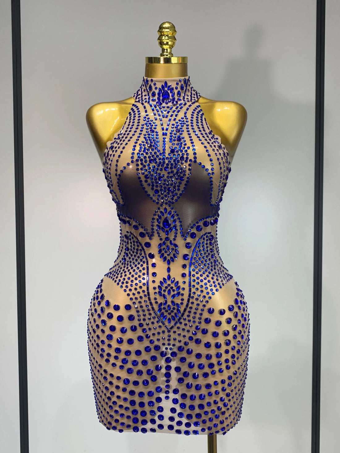 Luxury Birthday Dress Women Rhinestones Sexy Transparent Mesh Mini Dress Evening Party Nightclub Stage Performance Costume Blue