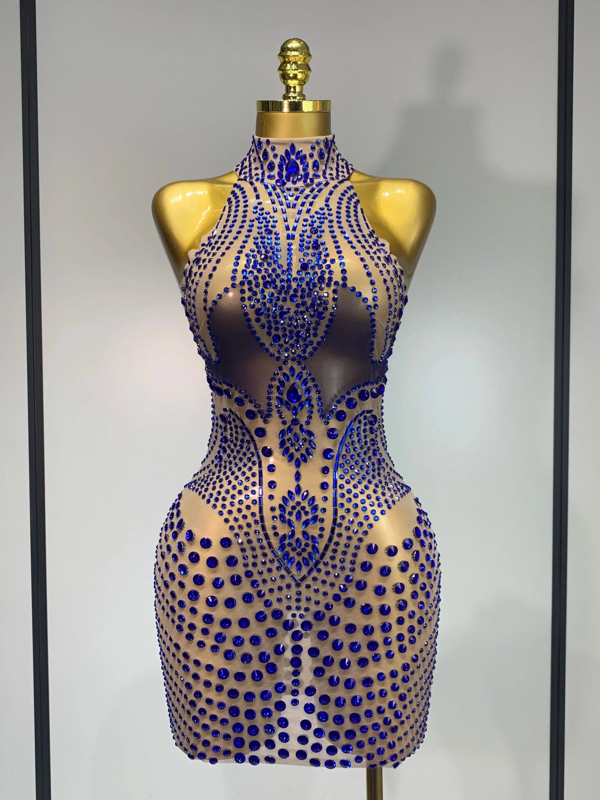 Luxury Birthday Dress Women Rhinestones Sexy Transparent Mesh Mini Dress Evening Party Nightclub Stage Performance Costume Blue