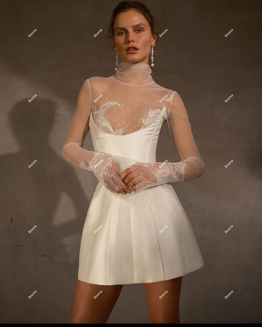 Pakaian Pesta Perkahwinan Mini A-Line Lengan Panjang Pengantin Tengah Tinggi Pakaian Stain Lace Pendek Pengantin Prom Gaun Koktel