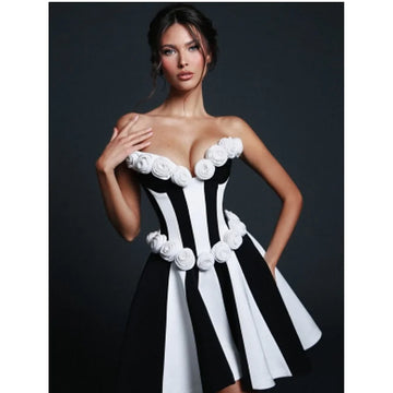 Stereoscopic White Flowers White and Black Bandage Mini Dress Sweet Woman Birthday Party Vestido Celebrity Party outfit！