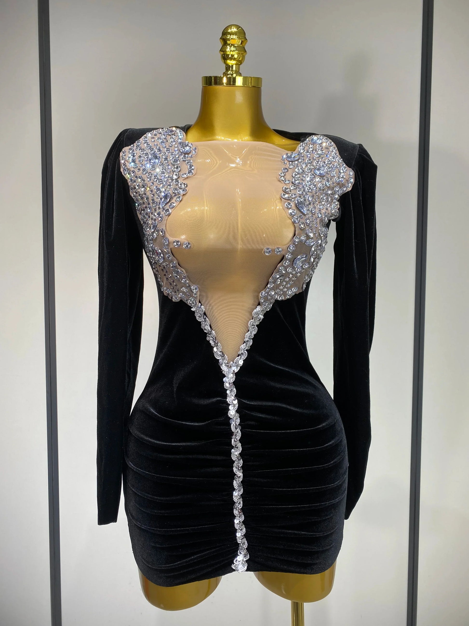 Luxury Birthday Dress Sparkly Crystals Sexy Mesh Velvet Short Dress Women Elegant Evening Party Nightclub Stage Costume black