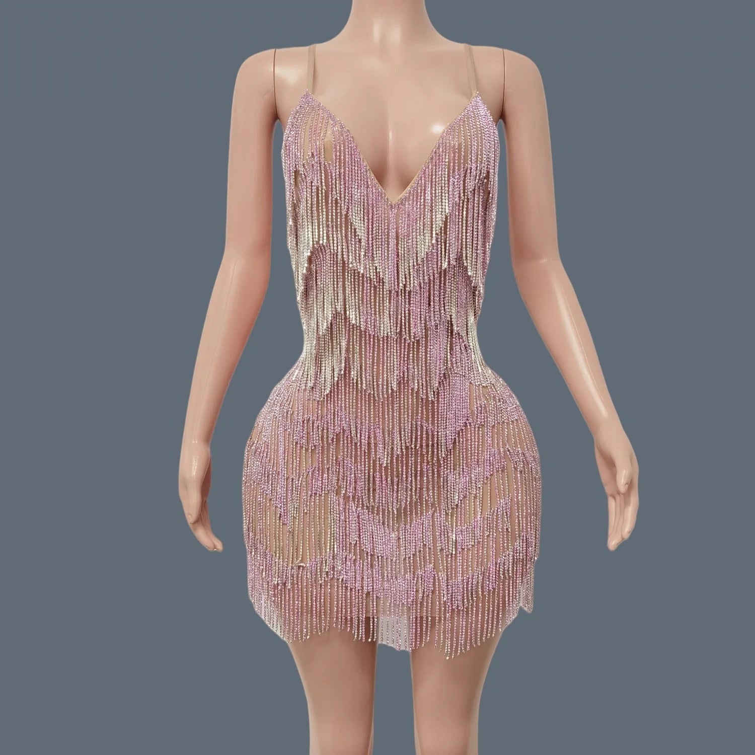 Swing Tassel Crystals Sexy Backless Dress for Women Club Show Dance Dress Birthday Party Deep V Neck Dress Luxury Chic Tiaoyuan Pink