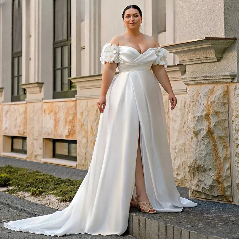 Sexy Wedding Dress Plus Size Satin A-Line Lace Up Vestidos De Novia Off Shoulder V Neck Side Split Bridal Gowns Ivory 24w