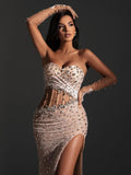 Beige Sequins Strapless Long Dress Backless See Through Mesh Crystal High Slit Celebrity Party Evening Gowns With Gloves