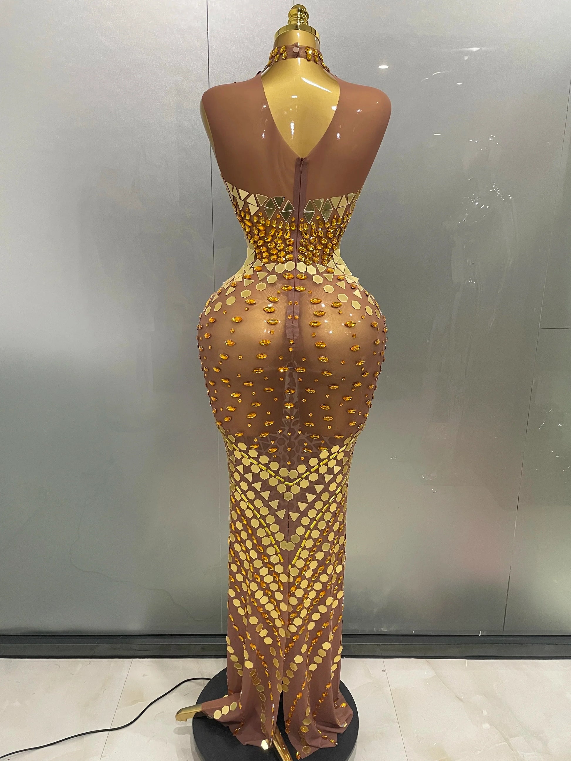 Luxury Shiny Mirror Rhinestones Hollowed-out Long Dress Women Celebrity Evening Party Catwalk Prom Stage Photo Shoot Dresses