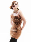 Stunning Strapless Sleeveless Brown Bodycon Mini Dress with Sequin Rose Detail for a Party