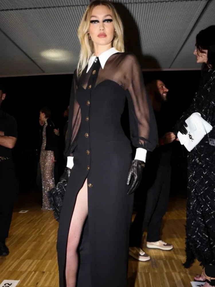 Golden Buttons White Collar Mesh Patchwork Bandage Long Dress Elegant Woman Evening Party Dress Fashion Party Outfit