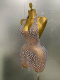 Sexy Sparkly Rhinestones Halter Backless Mesh Velour Short Dress Women Evening Prom Celebrate Birthday Party Stage Wear