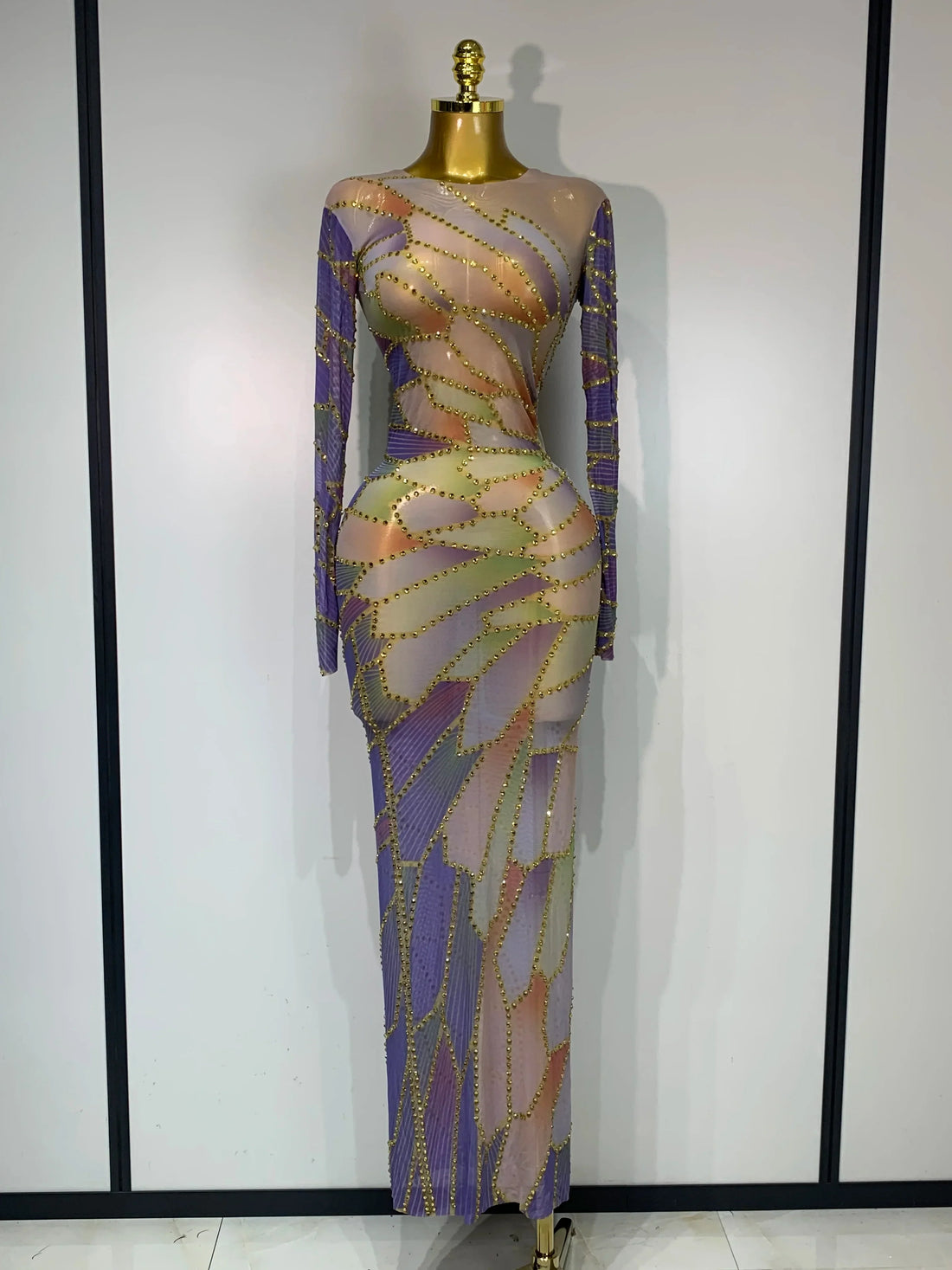 Sparkly Rhinestone Stretchy Mesh See Through Dress Women Performance Dancer Costume Luxury Birthday Nightclub Stage Outfit MULTI