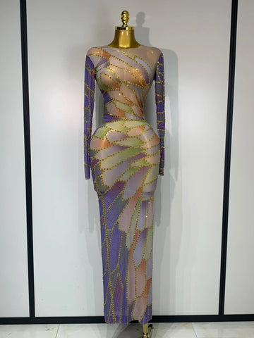 Sparkly Rhinestone Stretchy Mesh See Through Dress Women Performance Dancer Costume Luxury Birthday Nightclub Stage Outfit MULTI