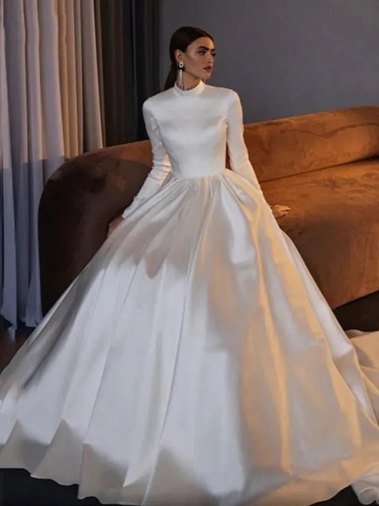 Satin Boho Wedding Dresses High Neck Bridal Dresses Long Sleeve Muslim Saudi Arabia Wedding Party Dresses Ivory 26w Satin