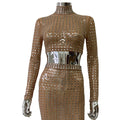Sparkling square Diamonds Sexy Mesh See Through Top And Skirt Woman Fashion Set High Street Wear Evening Party Outfit khaki Top