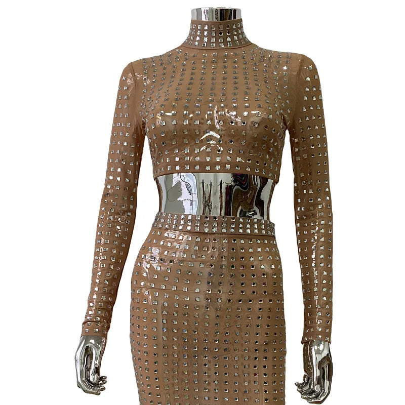 Sparkling square Diamonds Sexy Mesh See Through Top And Skirt Woman Fashion Set High Street Wear Evening Party Outfit khaki Top
