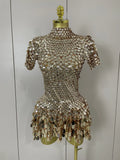 Luxury Shiny Shell Sequins Bodysuit Dress Women Sexy Nightclub Dance Performance Clothing Birthday party Dresses Rose Gold