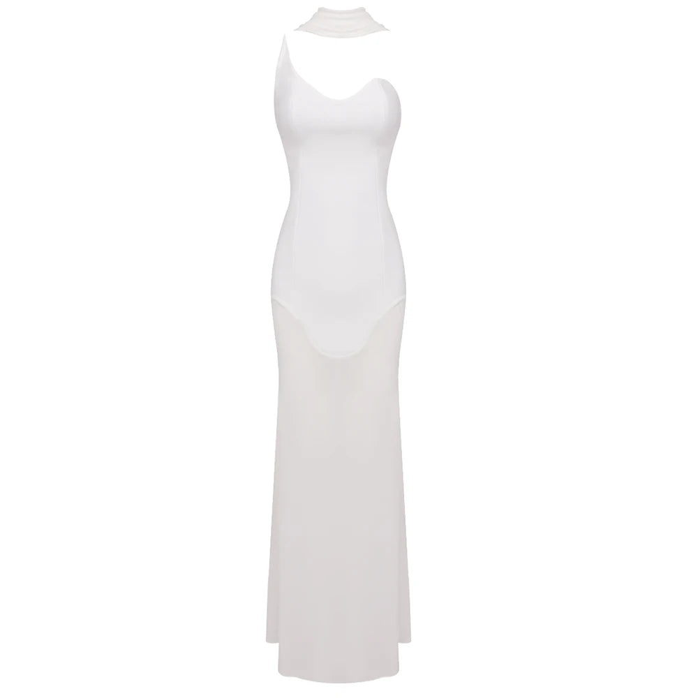 Strapless A Line Long Bandage Dress Black Mesh Patchwork Elegant Women Blackless Evening Party Gowns with Ribbon WHITE