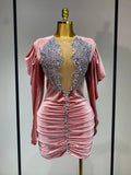 Luxury Birthday Dress Sparkly Crystals Sexy Mesh Velvet Short Dress Women Elegant Evening Party Nightclub Stage Costume Pink