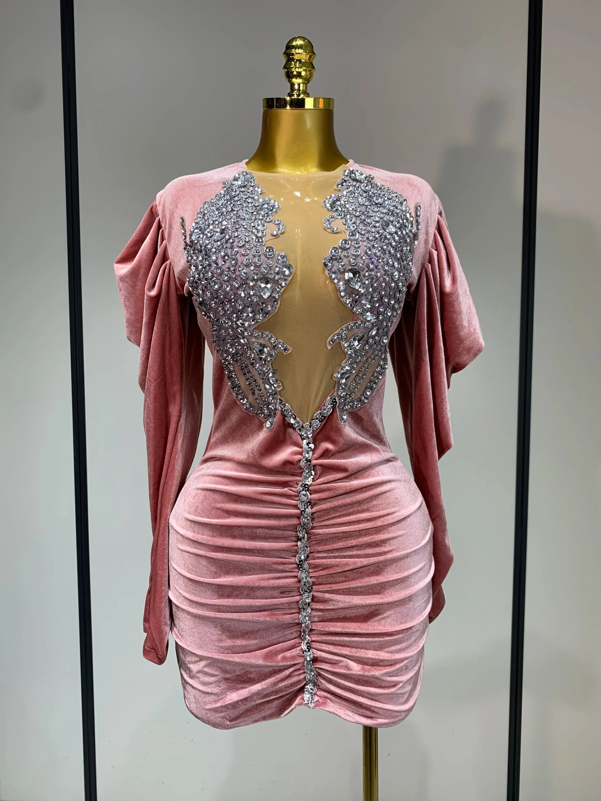 Luxury Birthday Dress Sparkly Crystals Sexy Mesh Velvet Short Dress Women Elegant Evening Party Nightclub Stage Costume Pink