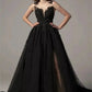 Gothic Black Lace Embroidery Tulle Prom Dress Elegant Spaghetti Strap A-line vestidos par boda Side Split Wedding Dress