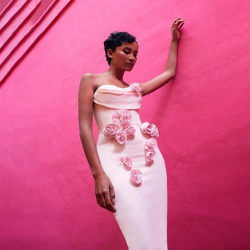 Pink Red Color Women Sexy Strapless Florals Bodycon Long Bandage Dress Evening Party Celebrate Birthday Outfit Vestido