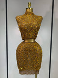 Sexy Sparkly Crystal Diamonds Mesh See Through Two Piece Set Women Elegant Evening Party Costume Singer Stage Performance Outfit Gold