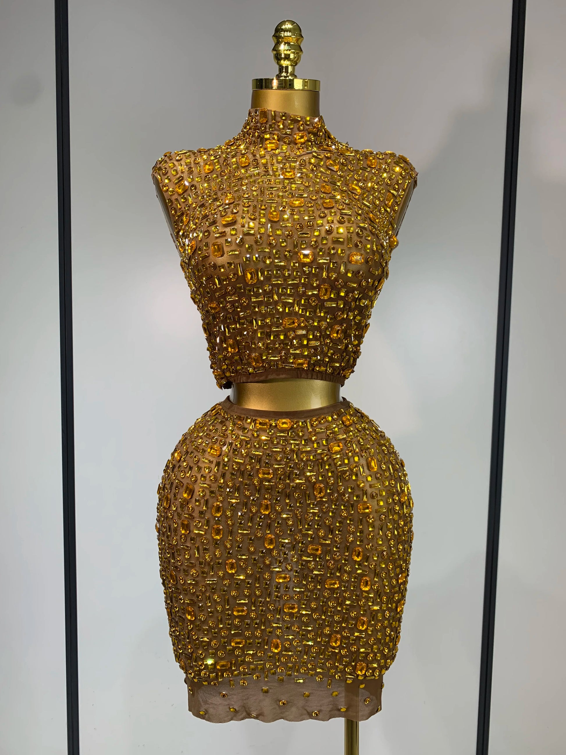 Sexy Sparkly Crystal Diamonds Mesh See Through Two Piece Set Women Elegant Evening Party Costume Singer Stage Performance Outfit Gold