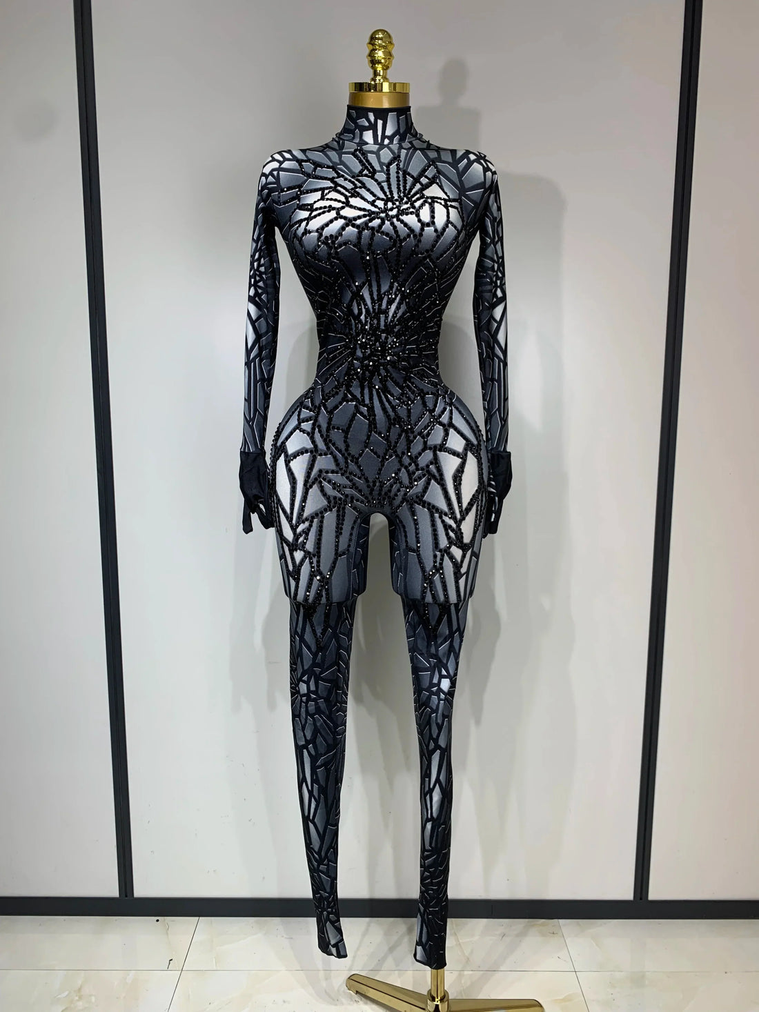 Women Sexy Black Rhinestone Stretch Bodycon Jumpsuit Club Evening Party Birthday Wear Singer Dancer Stage Perform Costume Silver