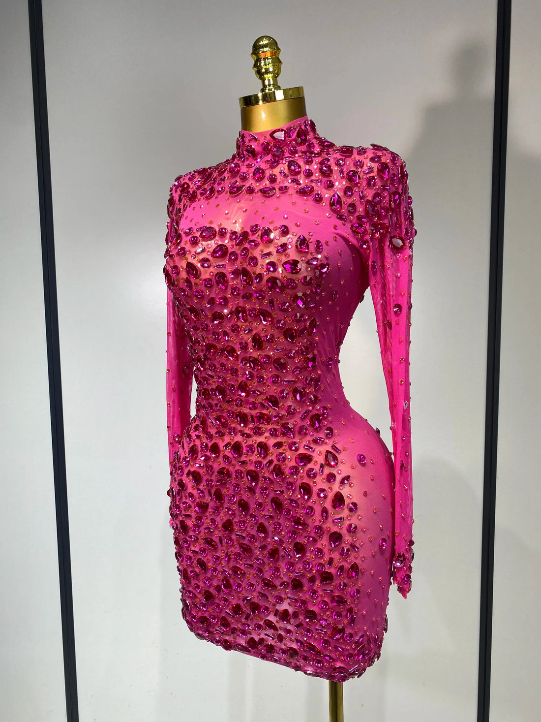 Women Sexy Mesh Rhinestones Mini Dresses Luxury Birthday Evening Party Celebrate Prom Gown Nightclub Singer Stage Outfit Rose Red