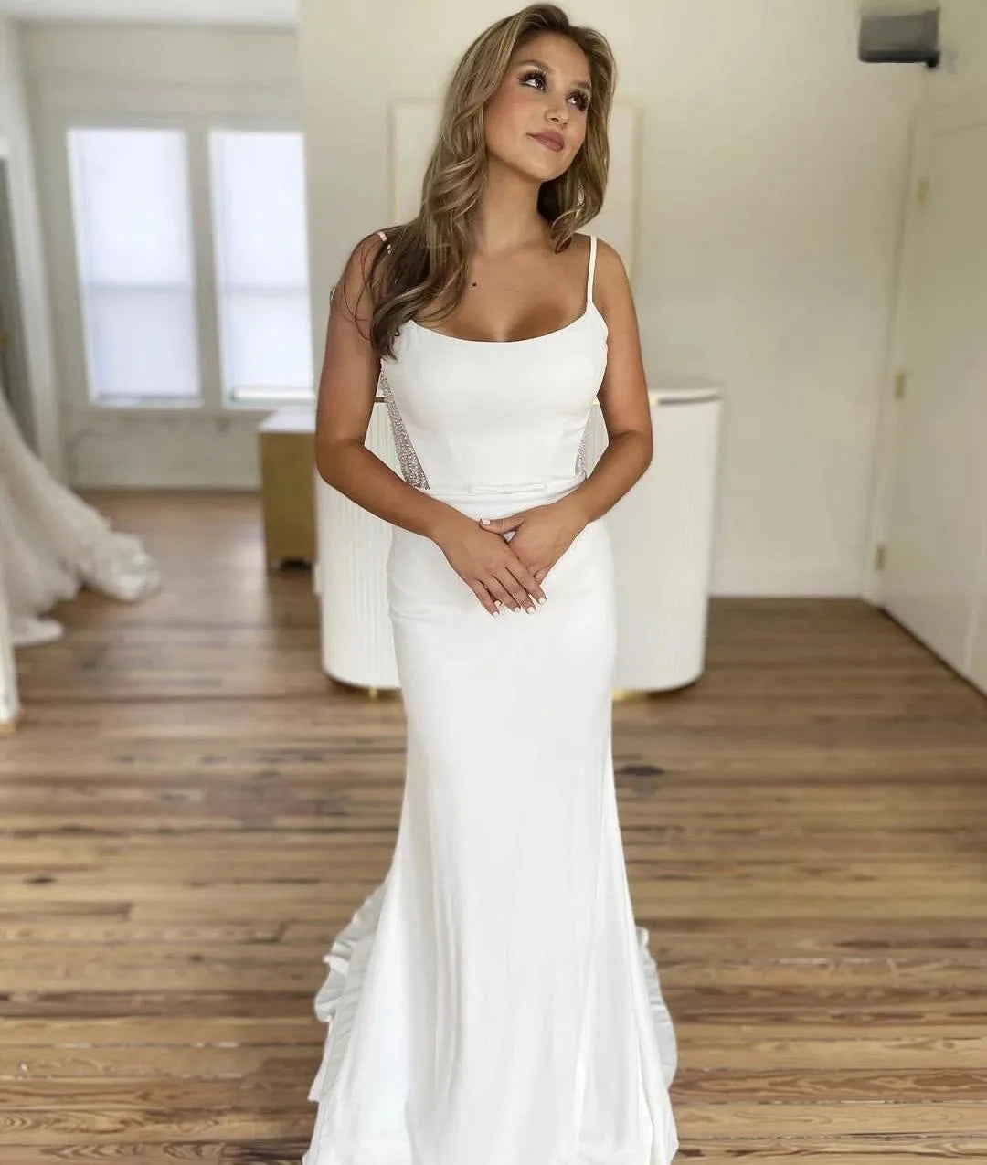 Simple Wedding Dress Satin For Women Customize To Measures Elegant Spaghetti Strap Sleeveles Bridal Gowns Robe De mariee White 14w