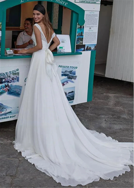 V-neck White Simple Beach Wedding Dresses untuk Wanita Lipatan Rok Sifon Lipatan Gaun Pengantin Backless Seksi Vestido