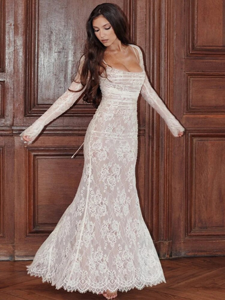 Qanz Luxury Lace Wedding Dresses Tulle Mermaid Appliques Robes De Mariée Long Sleeves Spaghetti Straps Vestido De Novia