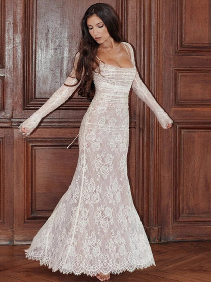 Qanz Abiti da sposa in pizzo di lusso Tulle Mermaid Appliques vesti di Mariée Maniche lunghe spalline Vestitido de nolia