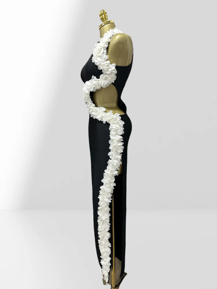 White Petal Edge Hollow Out Sleeveless Sheath Black Bandage Ankle Lengh Dress Woman Party Vestido Celebrity Cocktail Outfit