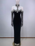 Sexy Women's Heavy Industry Diamond Adorned Velvet Dress with Hanging Neck Shoulder Bodycon Transparent Gaul Gloves+Dresses black