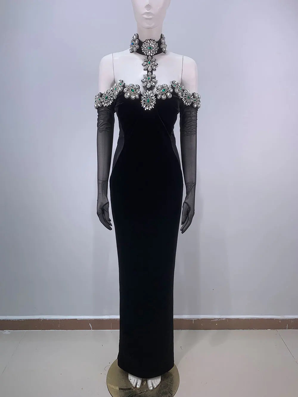 Sexy Women's Heavy Industry Diamond Adorned Velvet Dress with Hanging Neck Shoulder Bodycon Transparent Gaul Gloves+Dresses black