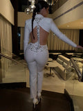Women Bandage Long Pants Set With Lapel Long Sleeved Nail Bead Design Backless Sexy Ultra Short Jacket+Pants Two-Piece Set