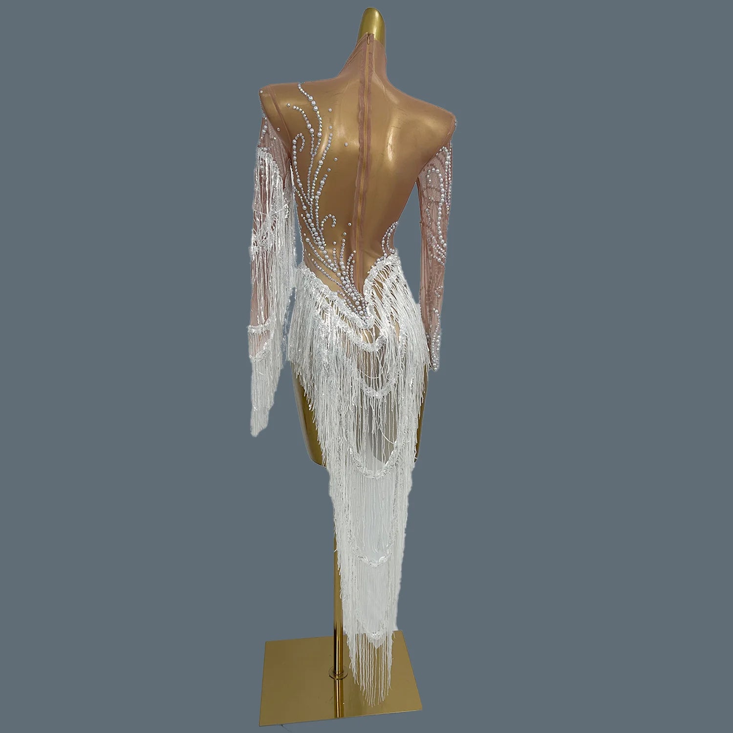 Stunning White Pearls Mini Dress Long Sequins Tassel See Through Mesh Dress Birthday Celebrate Party Dance Event Gala Wear Fumao