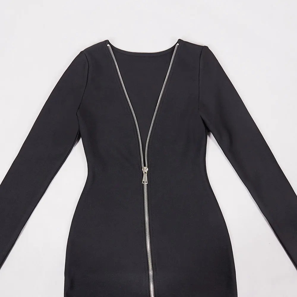 Sexy Women's Dress Front and Back Wearable O-neck Long sleeved Bodycon Zipper Design Midi Dresses Evening Party Vestidos
