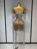 Sparkly Rhinestones Tassel Sexy Mesh Transparent Short Dress Women Evening Party Luxury Birthday Nightclub Singer Stage Costume