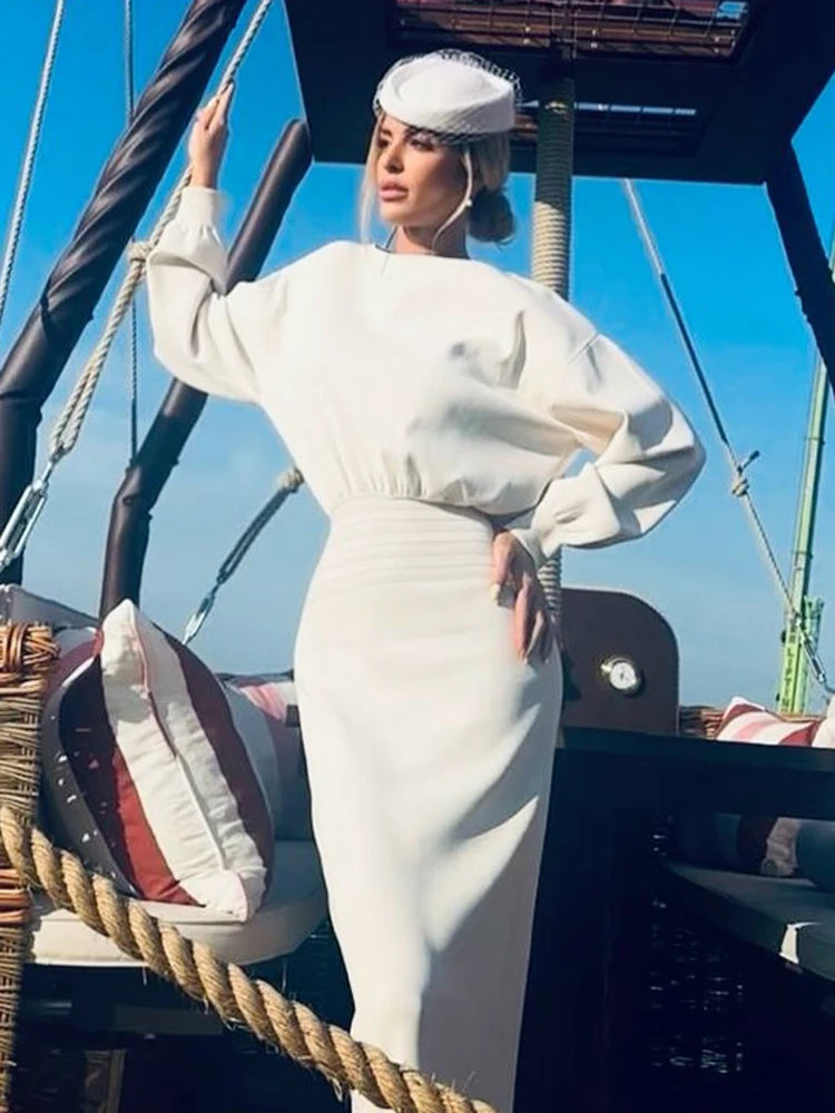 Elegant Soft Crewneck White Long Sleeveless Midi Dress for Office-Ready Chic Gown