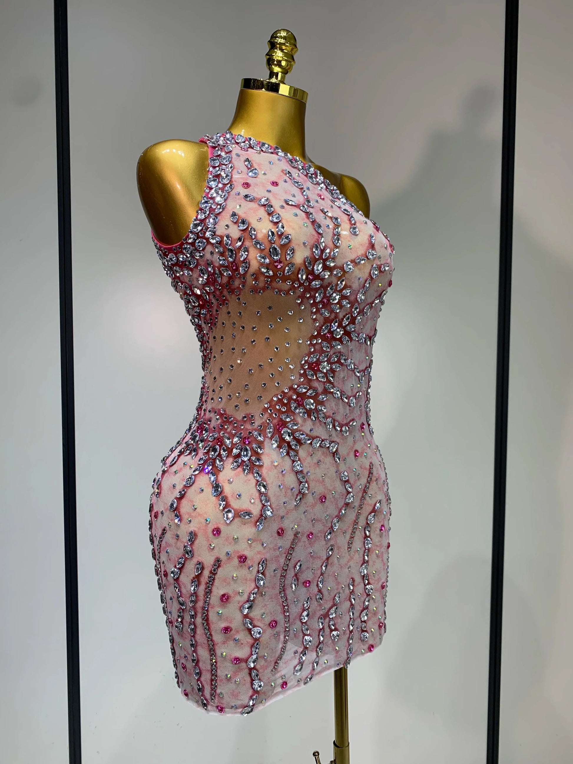 Women Sexy Mesh See Through Rhinestone Mini Dress Stage Dancer One Shoulder Stretch Night Club Party Birthday Dress Stage Outfit