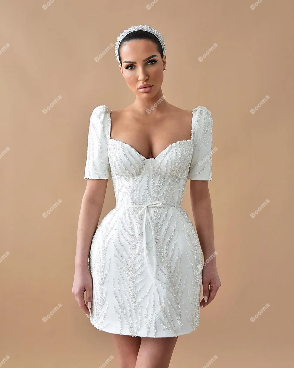 שמלות מסיבות חתונה קצרות נצנצים שרוולים קצרים שמלת כלה פייטים לאחר חתונה שמלות ערב רשמיות לנשים גאלה
