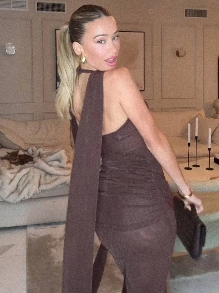 Sleek Modern Brown Halter Backless Maxi Dress with Waist Tie Drape Details for Party Evening Gown