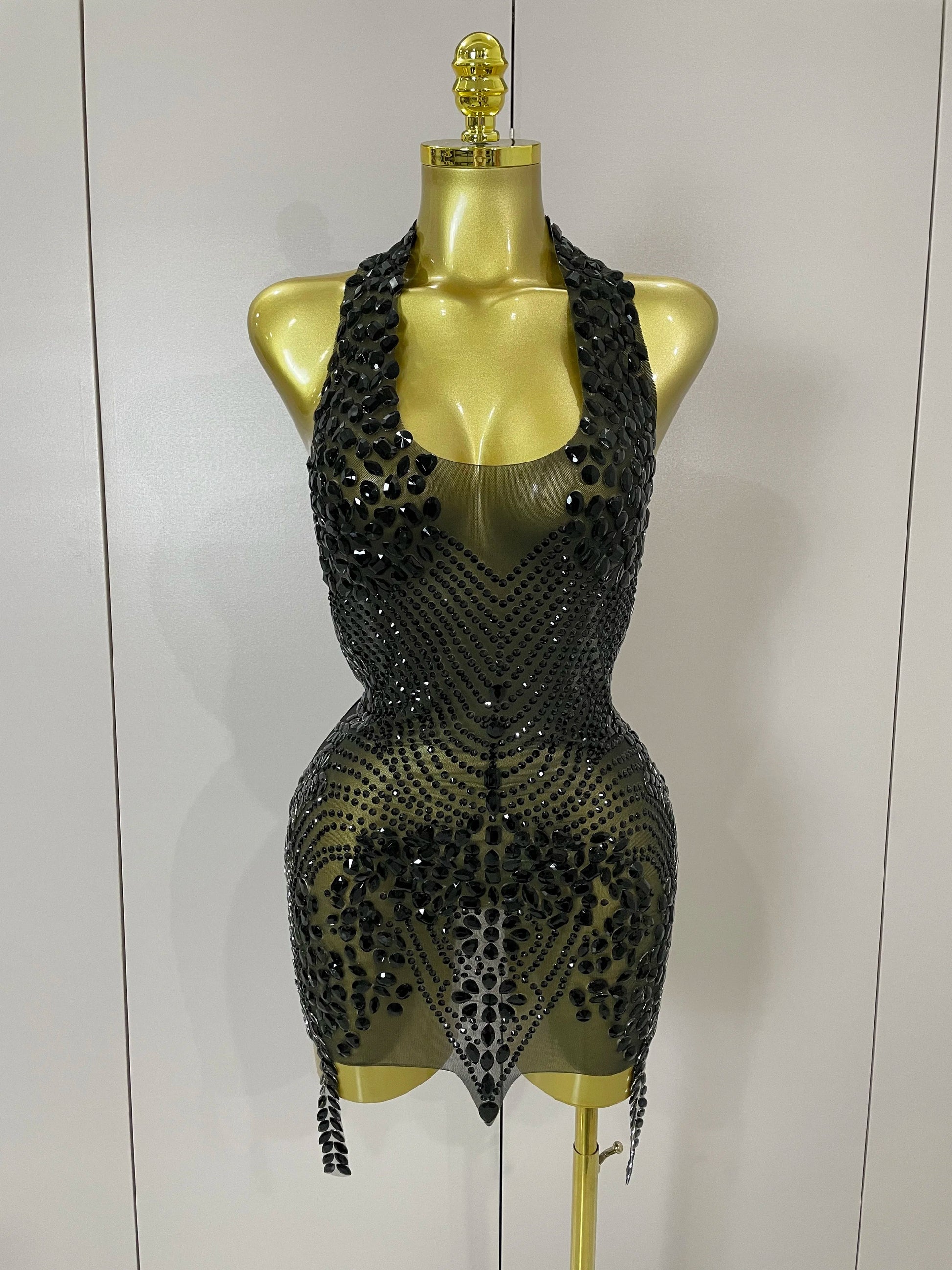 Sexy Sparkly Rhinestones Halter Backless Mesh Velour Short Dress Women Evening Prom Celebrate Birthday Party Stage Wear black