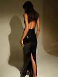 Summer Women'S Dress Black Sequins Tight Sexy V-Neck Sleeveless Backless Catwalk Party Long Gowns With 3D Flower